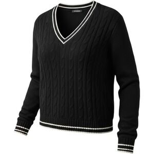 H&M Divided Black Cable Knit V-Neck Varsity Stripe Tennis Sweater Preppy Large